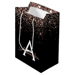 Sac Cadeau Moyen Rose or rose Parties scintillant étincelle Monogra