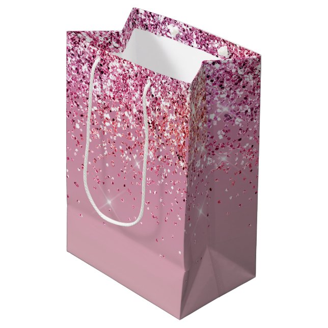 Sac Cadeau Moyen Rose or rose Parties scintillant or étincelle (Devant Angle)