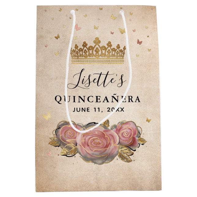 Sac Cadeau Moyen Rose Pâle Aquarelle Or Rose Quinceanera (Devant)
