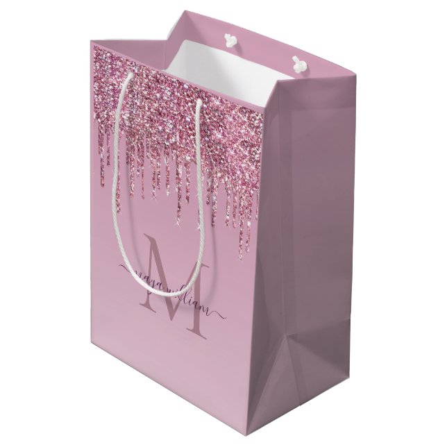 Sac Cadeau Moyen Rose Parties scintillant Lecteurs Monogramme Perso (Dos Angle)