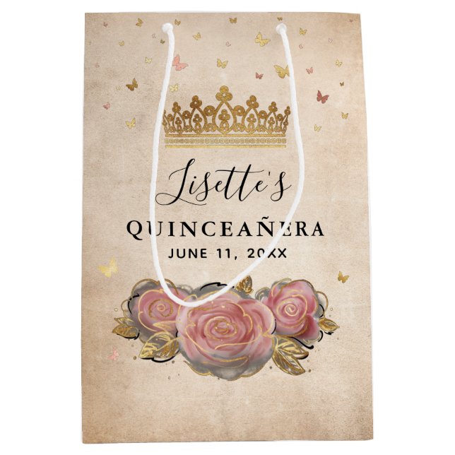 Sac Cadeau Moyen Rose Poudrée Aquarelle Rose Gold Quinceanera (Devant)