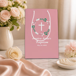Sac Cadeau Moyen Rose Poussiéreuse Croix Blanche Couronne Florale B