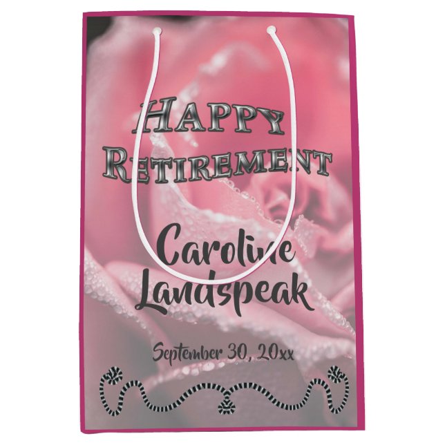 Sac Cadeau Moyen Rose rose en fleur Cadre Argent Bonne retraite (Devant)