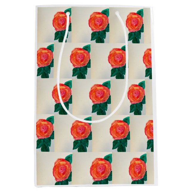 Sac Cadeau Moyen Rose rouge avec feuilles vertes (Devant)