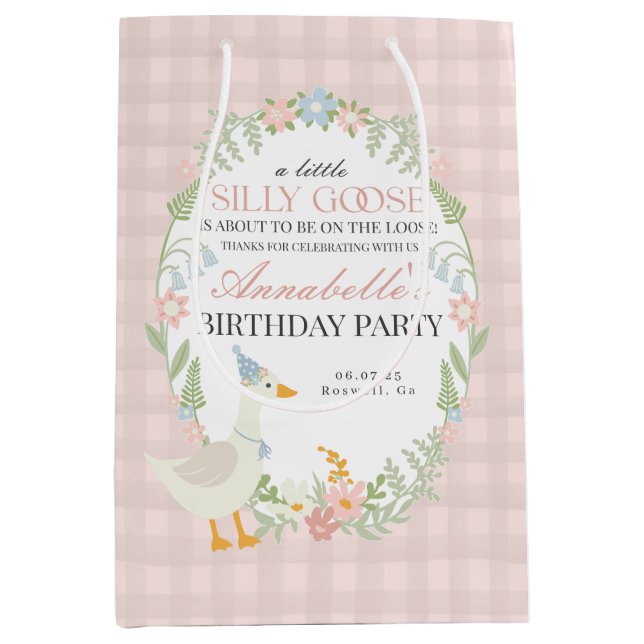 Sac Cadeau Moyen Rose Silly Goose Floral En vichy Anniversaire Favo (Devant)