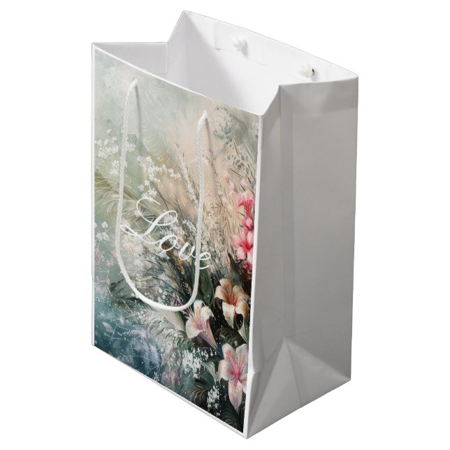 Sac Cadeau Moyen Rose Tropical Blanc Hibiscus Floral Amour  (Devant Angle)