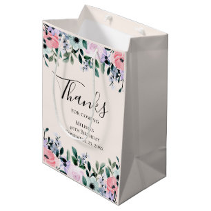 Sac Cadeau Moyen Rose violet et vert Merci d'aquarelle Florale