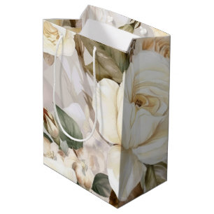 Sac Cadeau Moyen Roses blanches crémeuses délicates vintage