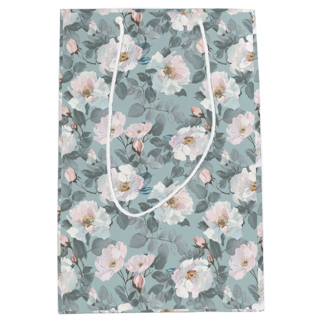 Sac Cadeau Moyen Roses blanches douces (Devant)