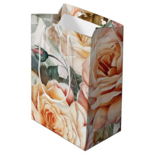 Sac Cadeau Moyen Roses blanches et pêches vintage délicates