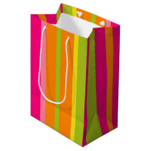 Sac Cadeau Moyen Roses chaudes, Vert citron et Bandes verticales or