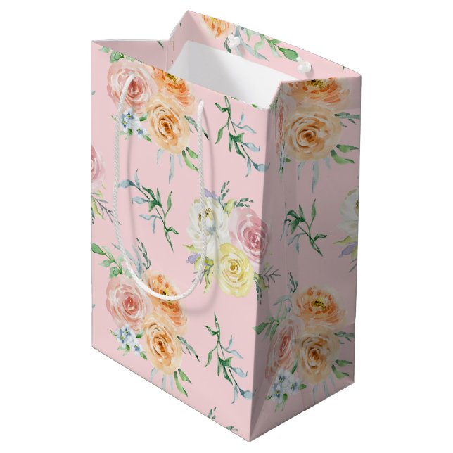 Sac Cadeau Moyen Roses d'aquarelle sur rose pâle (Dos Angle)