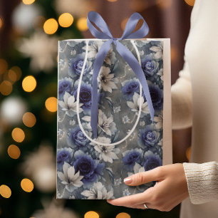 Sac Cadeau Moyen Roses et Lys Bleus et Blancs élégants