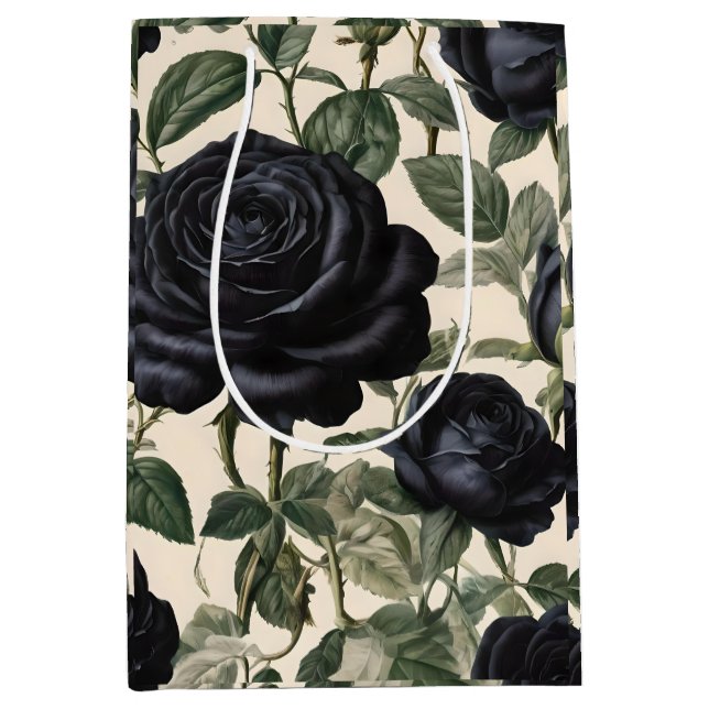 Sac Cadeau Moyen Roses Noirs Et Feuilles Verts, (Devant)