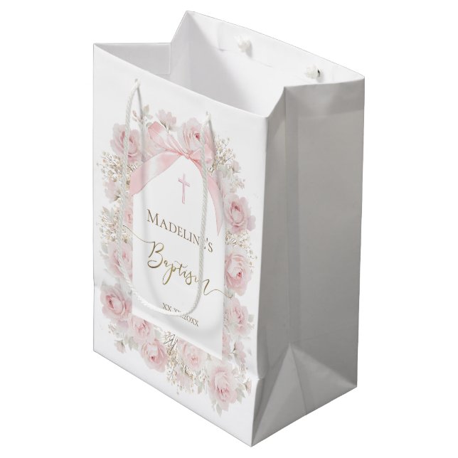 Sac Cadeau Moyen roses roses | Baptême (Devant Angle)