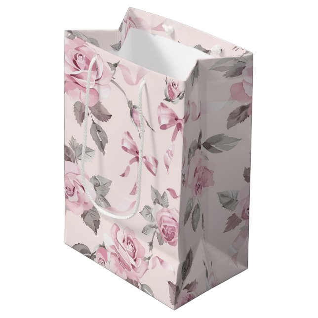 Sac Cadeau Moyen Roses roses blush et nœuds floraux Shower de maria (Devant Angle)
