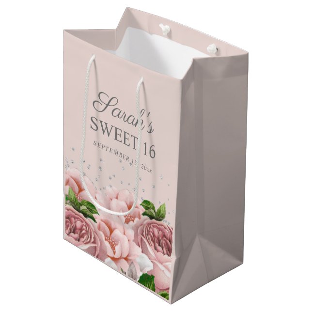 Sac Cadeau Moyen Roses roses rose Floral Parties scintillant argent (Devant Angle)