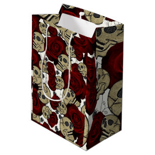 Sac Cadeau Moyen Roses Rouges & Crânes Floral Noir Gothique Blanc