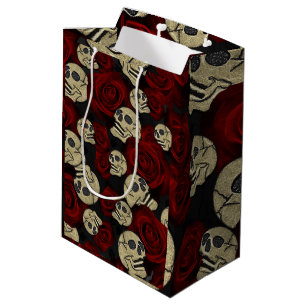 Sac Cadeau Moyen Roses Rouges & Crânes Floral Noir Gris Gothique