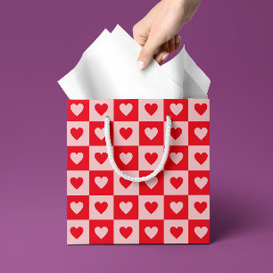 Sac Cadeau Moyen Rouge et rose coeurs damier Saint-Valentin