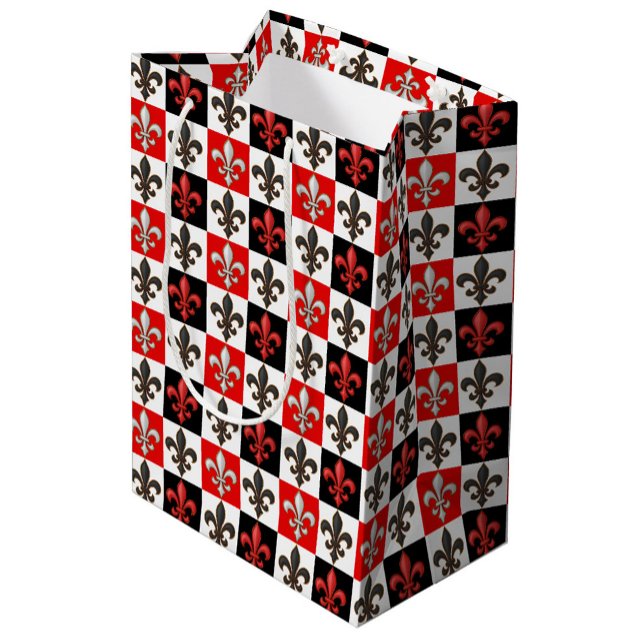 Sac Cadeau Moyen Rouge Noir Blanc À damiers Fleur de lis Design (Créateur téléchargé)