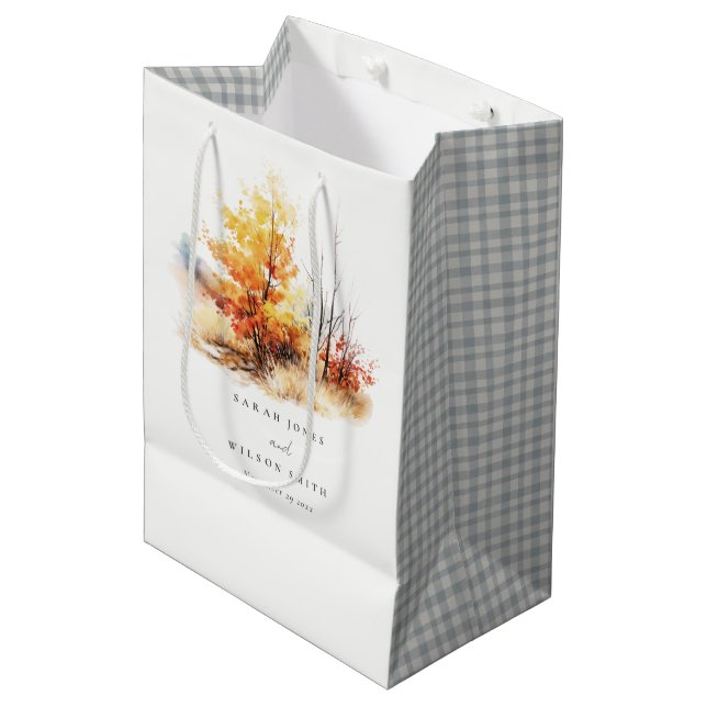 Sac Cadeau Moyen Rouille Jaune Automne Automne Paysage Plaid Mariag (Devant Angle)