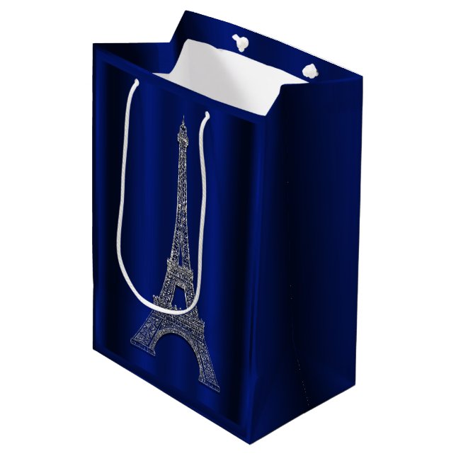 Sac Cadeau Moyen Royal Blue Silver Tour Eiffel Paris Mariage Favori (Devant Angle)