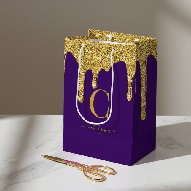 Sac Cadeau Moyen Royal Purple Gold Parties scintillant gouttes Mono (Royal Purple Gold Sparkle Glitter Drips Monogram Medium Gift Bag)