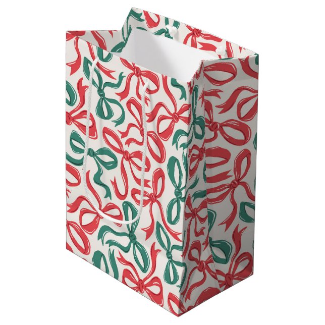 Sac Cadeau Moyen Ruban Preppy Bows Noël Rouge Vert (Devant Angle)