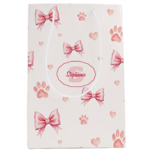 Sac Cadeau Moyen Ruban rose, Coeur et Motif Empreinte de patte - Ro