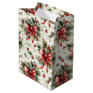 Sac Cadeau Moyen Rubans rouges et feuilles de houx