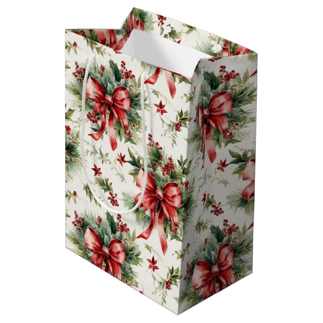 Sac Cadeau Moyen Rubans rouges et feuilles de houx (Dos Angle)