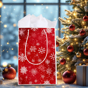 Sac Cadeau Moyen Ruby Red Festive Noël Blanc Flocons de Neige 