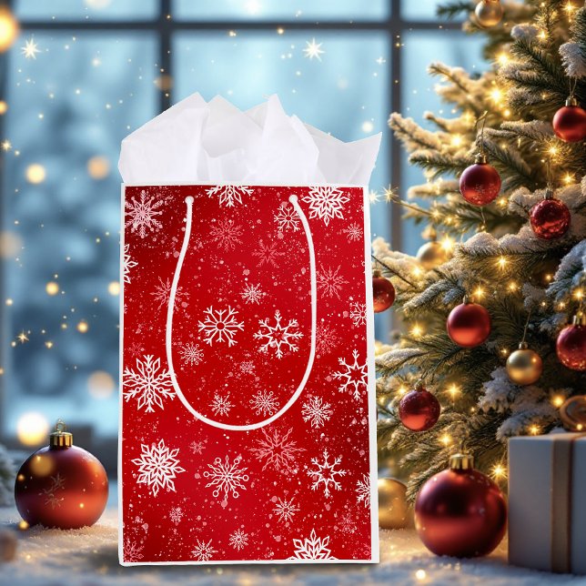 Sac Cadeau Moyen Ruby Red Festive Noël Blanc Flocons de Neige  (Créateur téléchargé)