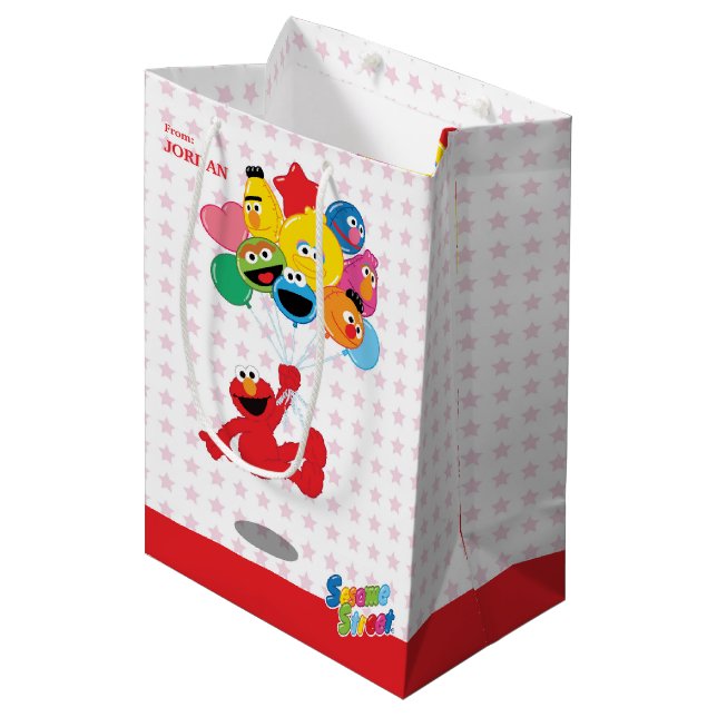 Sac Cadeau Moyen Rue Sésame | Elmo et Pals - Ballons d'anniversaire (Devant Angle)