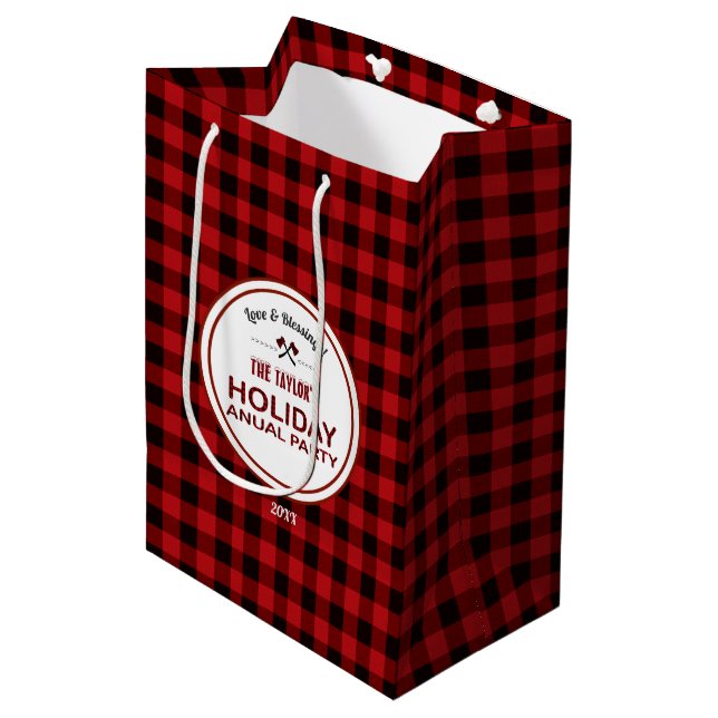 Sac Cadeau Moyen Russe Rouge Buffalo Plaid Bois Fête annuelle (Devant Angle)