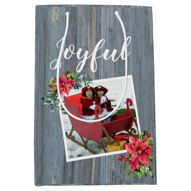 Sac Cadeau Moyen Rustic Barn Board et Poinsettia ~ Photo de famille (Devant)