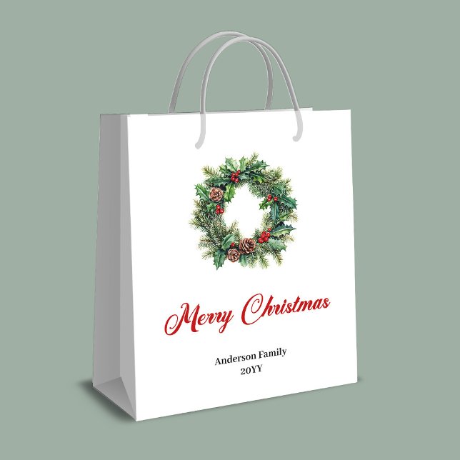 Sac Cadeau Moyen Rustic pine wreath Christmas gift bag custom (Rustic pine wreath Christmas gift bag custom)