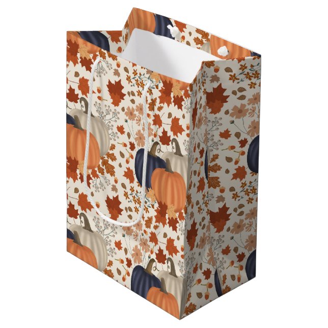Sac Cadeau Moyen Rustique Automne Citrouille Feuille Fleur sauvage (Devant Angle)