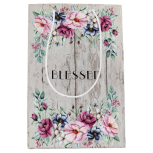 Sac Cadeau Moyen Rustique Fleuris Rose & Bleu Marine Bois de Grange