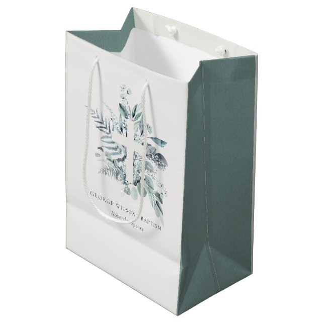 Sac Cadeau Moyen Rustique Green Eucalyptus Fern Foliage Croix Baptê (Devant Angle)