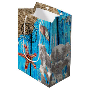 Sac Cadeau Moyen Rustique Nautique Bleu Burlap Starfish