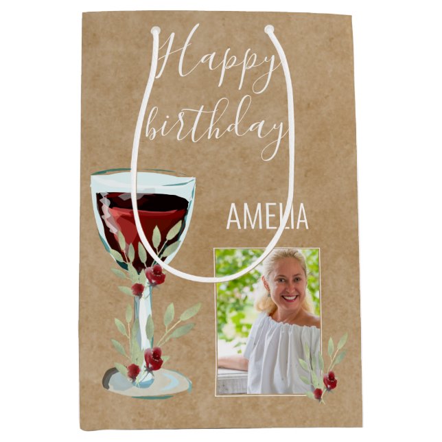 Sac Cadeau Moyen Rustique Rose de vin rouge aquarelle photo Anniver (Devant)