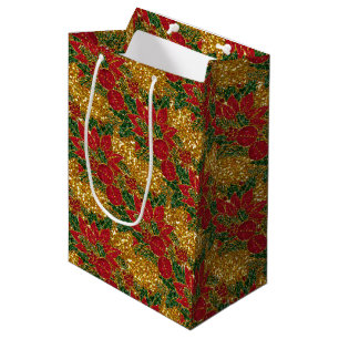 Sac Cadeau Moyen Sac-cadeau de Noël Poinsettia, Gold-M