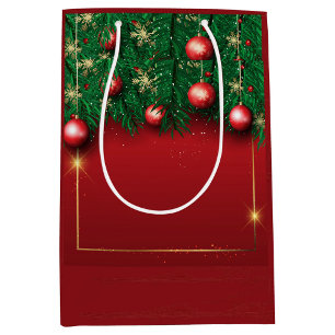 Sac Cadeau Moyen Sac-cadeau de Noël rouge avec branches de pin