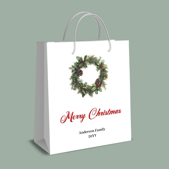 Sac Cadeau Moyen Sac-cadeau de vacances à l'aquarelle en forme de c (Watercolor pine wreath holiday gift bag with name)