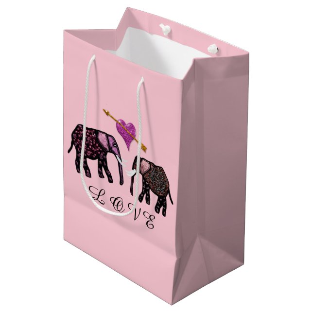 Sac Cadeau Moyen Sacs-cadeaux Coeurs Eléphants Métalliques (Devant Angle)