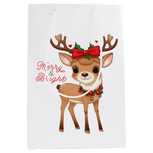 Sac Cadeau Moyen Sacs-cadeaux Merry&Bright Cute Reindeer (Devant)