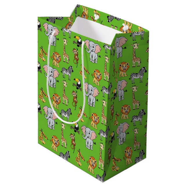 Sac Cadeau Moyen Safari Tropical Jungle Animaux Vert Motif (Dos Angle)