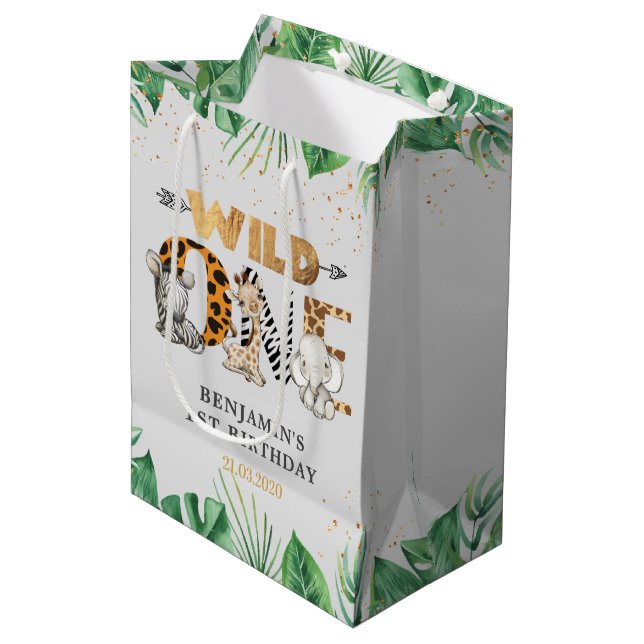 Sac Cadeau Moyen Safari Wild One Birthday Party (Devant Angle)